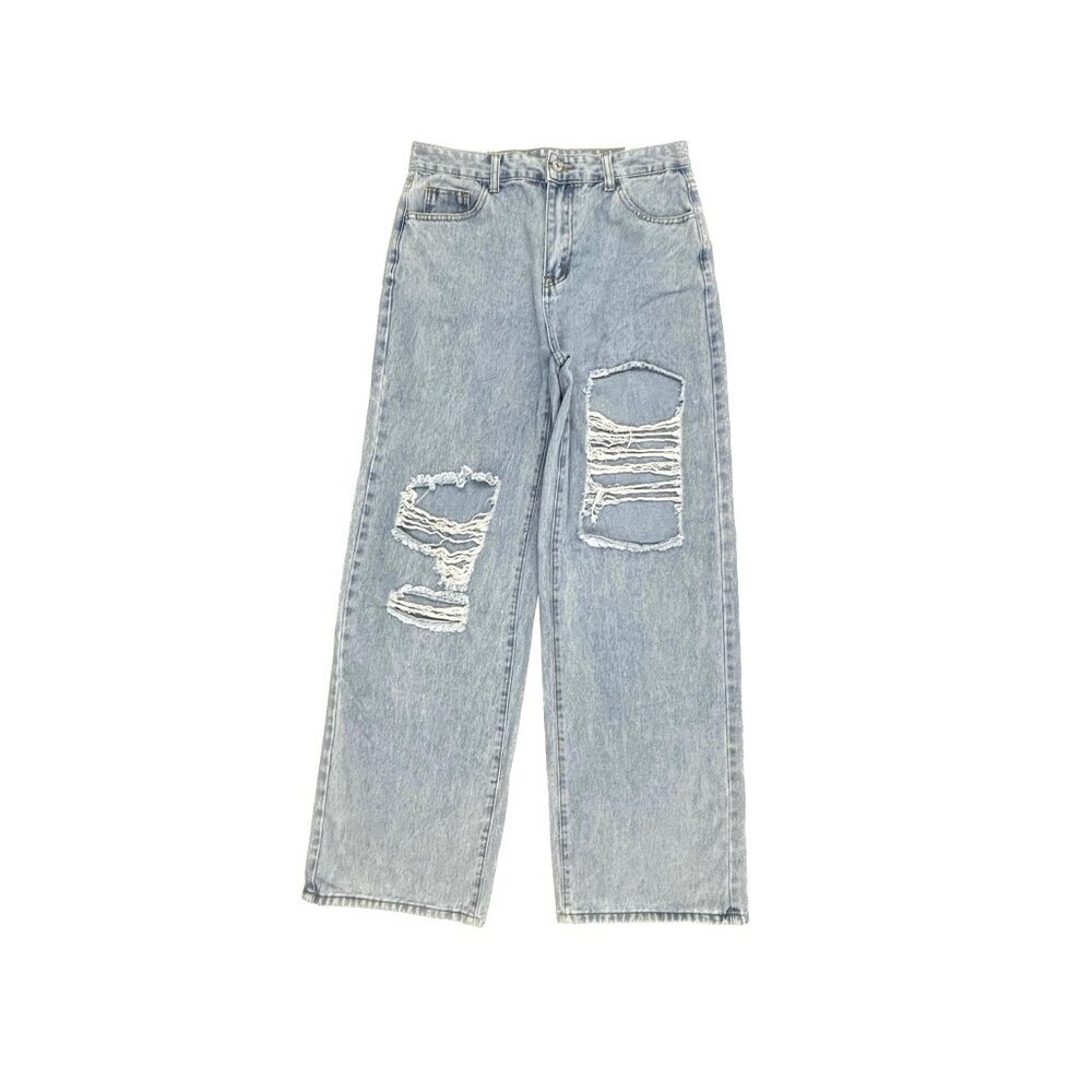 SheIn Distressed Wide Leg Women's size L 8 10 Light Wash Blue Denim jeans   Grea